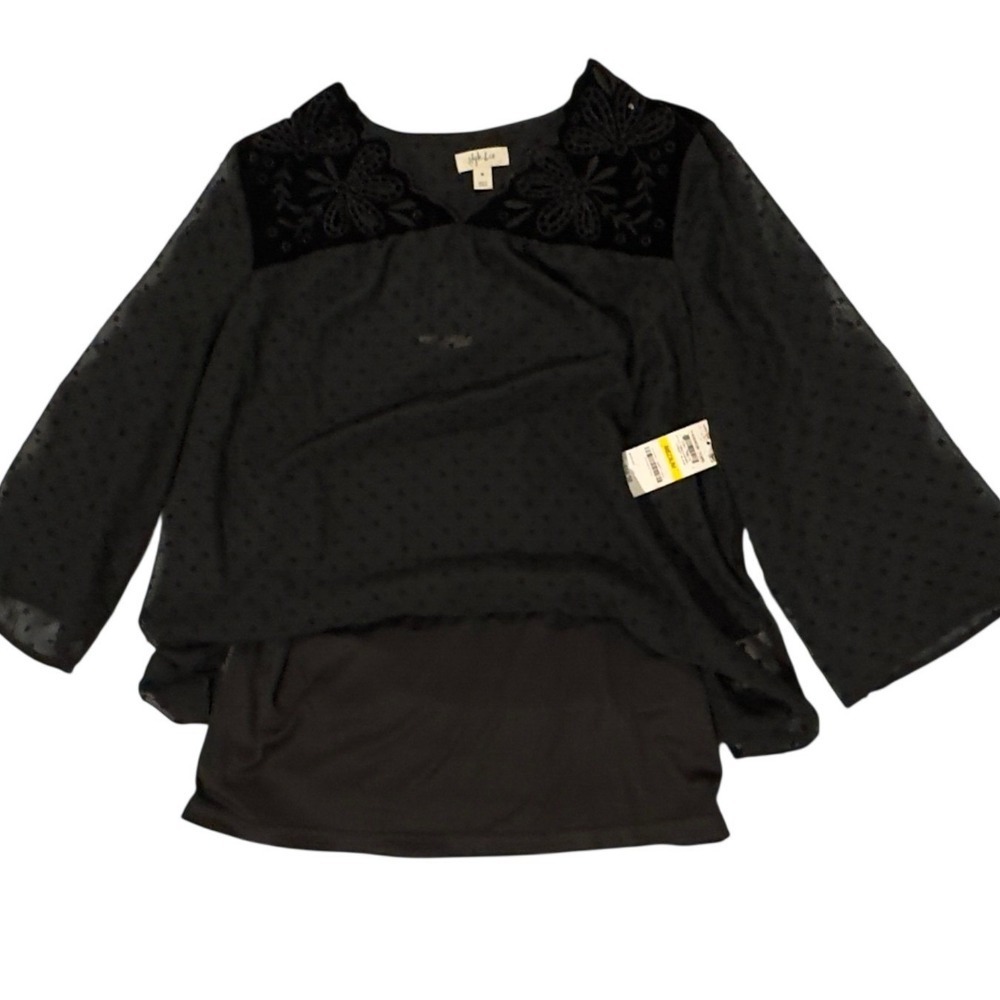 NEW Black Whimsigoth Sheer Swiss Dot Blouse M Velvet Embroidery Fairy Grunge - Picture 6 of 8
